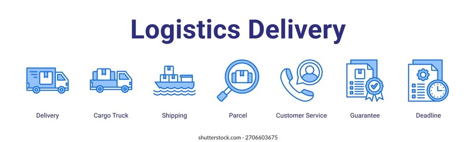 Logistik Lieferung Web-Banner-Symbol Vektorgrafik-Konzept mit Lieferung, Cargo Truck, Versand, Paket, Kundendienst, Garantie und Frist in einem Kollektions-Set.