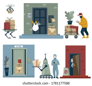 Logistics and delivery workers working on quarantine. Robots and robotic appliances delivering parcels to clients. Drones and people with orders of buyers, cargo transportation vector in flat