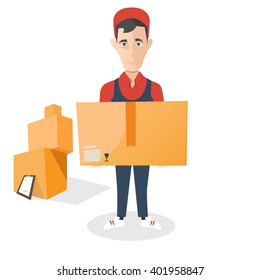 logistics and delivery young man with parcel. delivering service with box package. isolated vector illustration