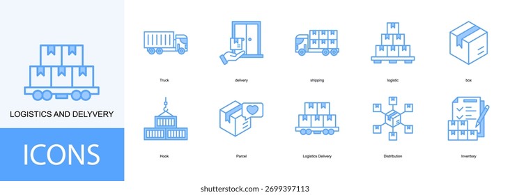 LOGISTICS AND DELYVERY icon collection set. Containing delivery, shipping, logistic, box, Hook icon.