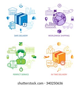 Logistics design line icons set with safe delivery worldwide shipping and perfect service symbols flat isolated vector illustration 