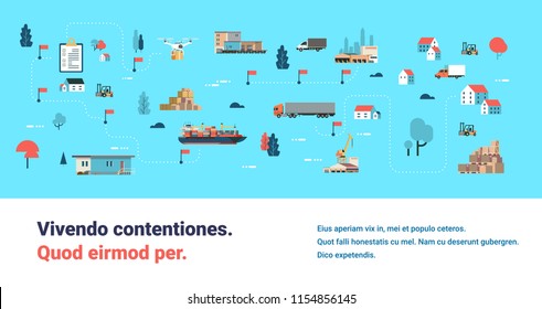 Logistics different delivery map drone cargo trucking maritime shipping transportation isometric distribution vehicles transportation concept flat horizontal banner copy space vector illustration