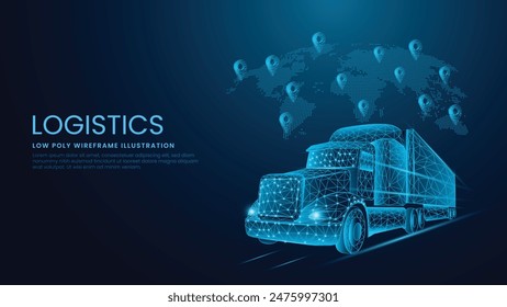 Logistik und Vertrieb 3D LKW Versandkonzept. Lieferservice und internationaler Versand Low Poly Wireframe Vektorillustration auf technologischem blauem Hintergrund.