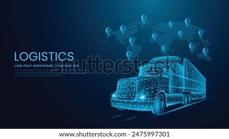 Logistics and Distribution 3d Truck Shipping Concept. Delivery Service and International Shipment Low Poly Wireframe Vector Illustration on Technological Blue Background.