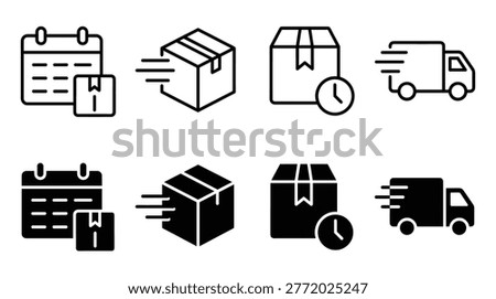 Logistics and distribution icon collection in flat line style, shipment tracking, calendar scheduling, parcel, and delivery