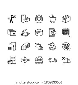 Logistics and distribution icon set. Contains such Icons as Warehouse, Worldwide Shipping, Courier service, Express Delivery and more. For  graphic design, mobile application, web design, infographics