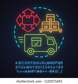 Logistics and distribution neon light concept icon. Delivery service idea. Shipment. Products transportation. Glowing sign with alphabet, numbers and symbols. Vector isolated illustration