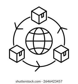 Logistics Distribution Ícone de linha de rede. Ilustração vetorial. Cadeia de fornecimento global. O símbolo ilustra o transporte mundial, o frete, a entrega, as operações de depósito, o gerenciamento de estoque, o transporte