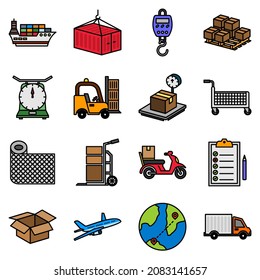 Logistics distribution related vector icon set collection pack, sign and symbol in outline and flat style.