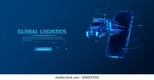 Logistics and distribution vector color wireframe mesh.Logistics low poly art illustration.Vehicle, transport delivery, cargo logistics concept. Freight transport, international delivery. Vector