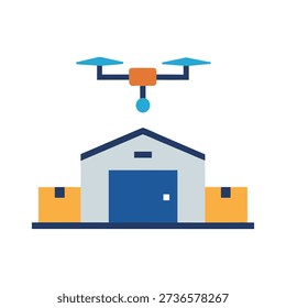 Logistics drone flying above storage facility supporting automated warehouse distribution processes aerial delivery system illustration
