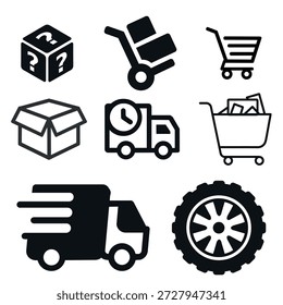 Logística e comércio eletrônico Conjunto de ícones Caminhão de entrega, Caixa de transporte, Carrinho de compras e símbolos de caminhão de mão