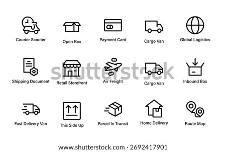 Logistics and e-commerce shipping icons. This set includes delivery vans, parcels, payments, and global transport.