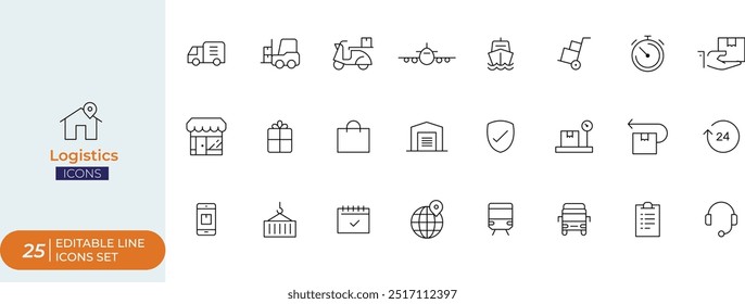 Logistics Editable Line Icon Set" typically includes a collection of minimalist, vector-based icons designed to represent various aspects of logistics and supply chain management. 