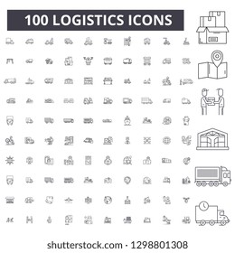 Logistics editable line icons, 100 vector set, collection. Logistics black outline illustrations, signs, symbols