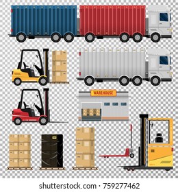 Logistics. Elements of logistic center design, warehouse, truck, forklift, forklift, pallets with cardboard boxes isolated on background vector illustration flat