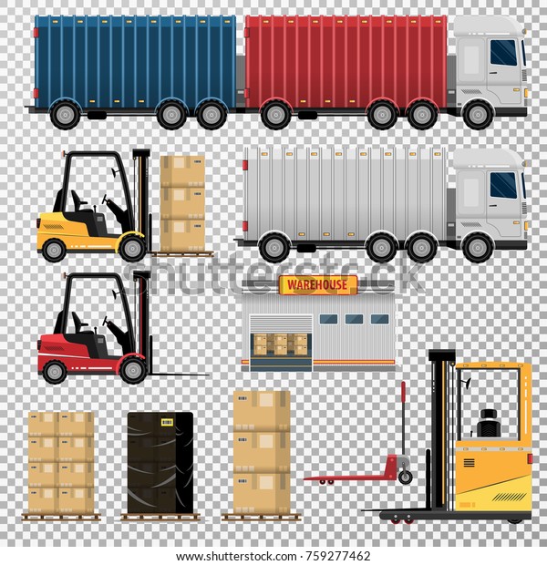 Logistics. Elements of logistic\
center design, warehouse, truck, forklift, forklift, pallets with\
cardboard boxes isolated on background vector illustration\
flat