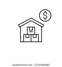 Gastos logísticos, presupuesto de distribución, valor de las existencias. Almacén de la compañía de envío y dólar. Icono de Vector de trazo perfecto y editable