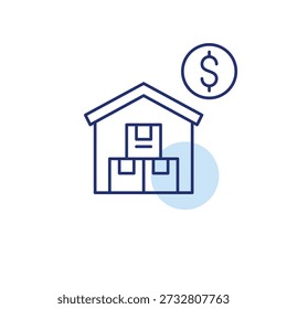 Gastos logísticos, presupuesto de distribución, valor de las existencias. Almacén de la compañía de envío y dólar. Icono de Vector de trazo perfecto y editable