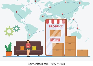 Logistics export import vector concept: Young woman selling her product on online market while using smart phone 