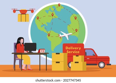 Logistics export import vector concept: Young businesswoman working in logistics business while controlling delivery goods
