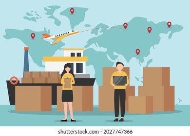 Concepto de vector de importación de exportación logística:  Mujer joven y hombre revisando las cajas para entregar exportación e importación 