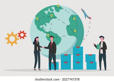 Logistics export import vector concept: Young woman and man handshaking for business cooperation 