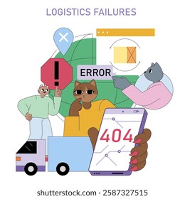 Logistics failures concept. Illustrating issues in supply chain management with humorous characterizations. Emphasizes the challenges in accuracy, communication, and technology in logistics. Vector