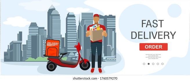 Logistics and Fast delivery of package service service landing page template. Delivery home and office. City Fast delivery. Scooter and delivery man food, courier. Vector illustration