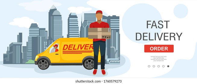 Logistics and Fast delivery of package service service landing page template. Delivery home and office. City Fast delivery. Truck and delivery man package, courier. Vector illustration