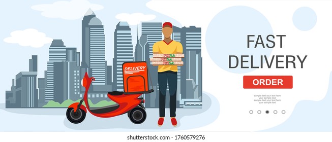 Logistik und schnelle Lieferung der Paketdienst-Zielseite Vorlage. Lieferung nach Hause und Büro. City Schnelle Lieferung. Scooter und Liefermann Pizza, Kurier. Vektorgrafik
