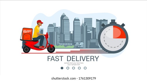 Logistics and Fast delivery of package service service landing page template. Delivery home and office. City Fast delivery. Courier on scooter and stopwatch. Fast Delivery concept. Vector illustration