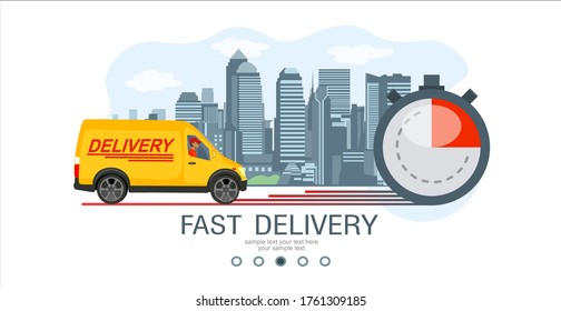 Logistics and Fast delivery of package service service landing page template. Delivery home and office. City Fast delivery. Courier on truck and stopwatch. Fast Delivery concept. Vector illustration