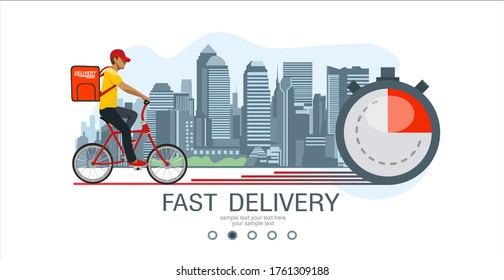 Logística y entrega rápida de la plantilla de la página de inicio del servicio de paquetes. Entrega a casa y oficina. Entrega rápida de la ciudad. Courier en bicicleta y cronómetro. Concepto de entrega rápida. Ilustración del vector