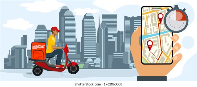 Logistics and Fast delivery of package service service landing page template.City Fast delivery. Courier on scooter, stopwatch and hand with phone, order tracking. Fast Delivery concept. Vector.