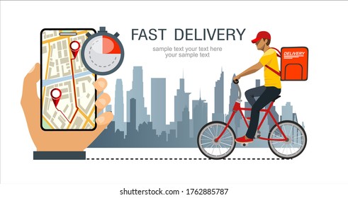 Logistics and Fast delivery of package service service landing page template.City Fast delivery. Courier on bicycle, stopwatch and hand with phone, order tracking. Fast Delivery concept. Vector.