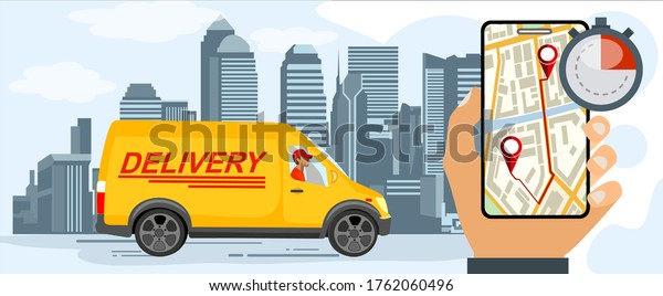 Logistics and Fast delivery of package service\
service landing page template.City Fast delivery. Courier on truck,\
stopwatch and hand with phone, order tracking. Fast Delivery\
concept. Vector.