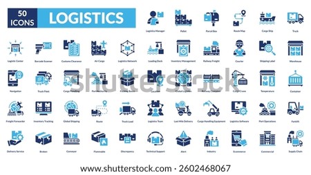 logistics fill icon set collection. truck, warehouse, container, forklift, supply chain, logistics manager, pallet, Parcel Box, route map, cargo ship