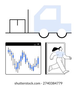 Logistics, financial analysis, tech innovation, e-commerce, transportation, and business solutions. A truck, stock market graph and a person in a smartphone. Logistics and financial analysis concept