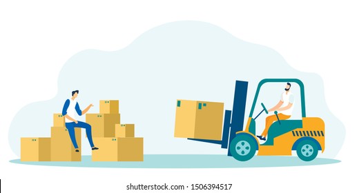 Logistics Flat Cartoon Vector Illustration. Storehouse Worker on Loader Truck Pallet with Parcels and Boxes for Delivery Shipping. Man Character Sitting on Boxes and Talking to Driver.
