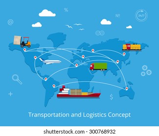 Logistics flat global transportation concept. Maritime and land transport, railway and air transport on world map background