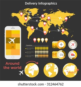 Logistics flat global transportation concept. land transport, railway and air transport on world map background. Infographic and map point set. in yellow and black color