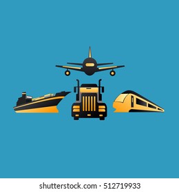 Logistics, flat global transportation concept on blue background. Vector illustration.