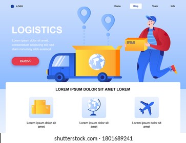 Logistics flat landing page. Courier holding cardboard box web page. Colorful composition with people character, vector illustration. Express delivery to door service, fast parcel shipping concept.