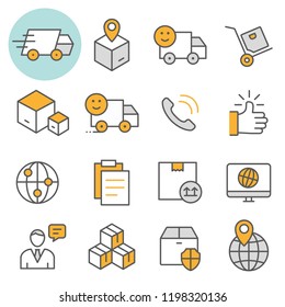 Logistische Flachzeilensymbole. Set von Fracht, Transport, Box, Lieferung, Transport und mehr. Bearbeitbarer Stroke.