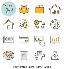 Logistics flat line icons. Set of cargo, transportation, box, delivery, transport and more. Editable Stroke.