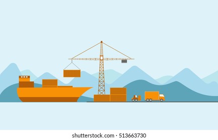 Logistics flat transportation concept, Transport process by ship, plane, train and truck. vector illustration.