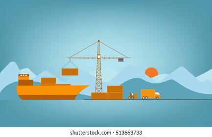 Logistics flat transportation concept, Transport process by ship, plane, train and truck. vector illustration.