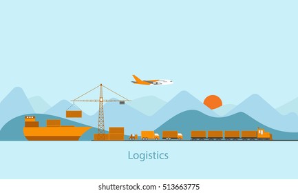 Logistics flat transportation concept, Transport process by ship, plane, train and truck. vector illustration.