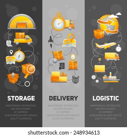 Banderas verticales planas de logística con elementos de almacenamiento y entrega ilustraciones vectoriales aisladas